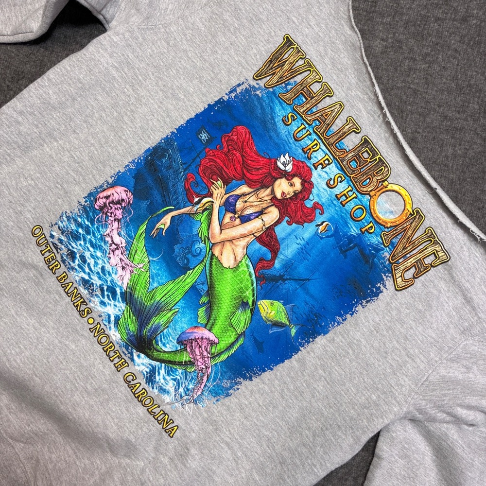 Y2K Whalebone Surf Shop Sweatshirt Mens L Gray Mermaid Graphic Cut Neck Skate
